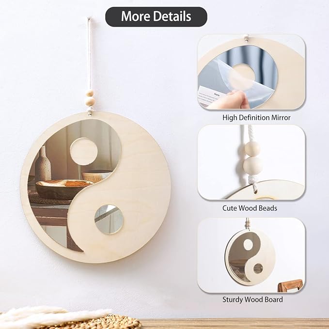 Artilady Yin Yang Decorative Mirror - Boho Wood Mirror Macrame Taiji Small Round Mirror Wall Decor for Apartment Nursery Bedroom Living Room Farmhouse Funky Home Decor