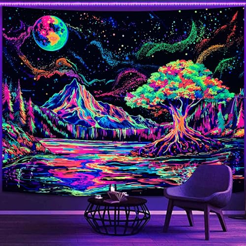 Zussun Blacklight Mountain Forest Tapestry Hippie Tree of Life Tapestries for Bedroom Aesthetic Glow in The Dark Moon and Stars Tapestry Wall Hanging for Living Room Dorm 60 × 44 Inch - color: Colorful Lake, size: 60"L x 44"W