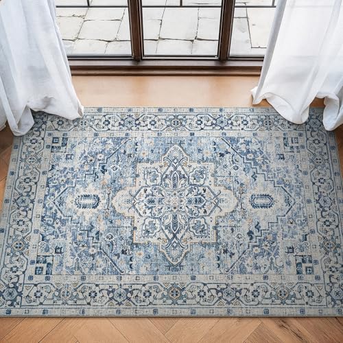 Bloom Rugs Caria Washable Non-Slip 3x5 Rug - Blue Traditional Area Rug for Living Room, Bedroom, Dining Room, and Kitchen - Exact Size: 3' x 5' - color: Blue, size: 3' x 5' (Rectangular)
