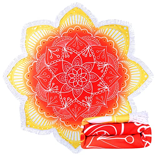 Large Microfiber Boho Mandala Beach Towel Round Bohemian Beach Blanket Hippie Indian Throw Blanket Beach Tapestry Sand Free Quick Dry Yoga Picnic Mat Wall Decor Circle Tablecloth Tassels,59'',Red - color: Red Mandala