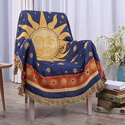 Erke Moon and Sun Throw Blanket Celestial Chair Recliner Cover Bed Spread Hippie Room Decor, Double Sided Cotton Woven Sofa Couch Furniture Aesthetic Witchy Throws - 50" X 70", Yellow/Blue - size: 50" x 70"