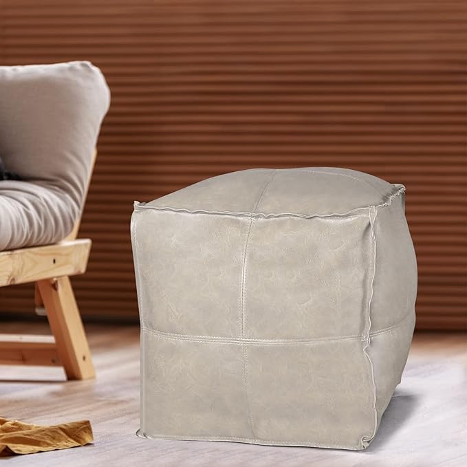 Louis Donné UNSTUFFED Leather Pouf Ottoman Cover, Handmade Faux PU Footstool Pouffe Ottomans Cover,17.7" Grey White Foot Rest for Living Room, Floor Chair for Christmas Decorations Gift(ONLY Cover)