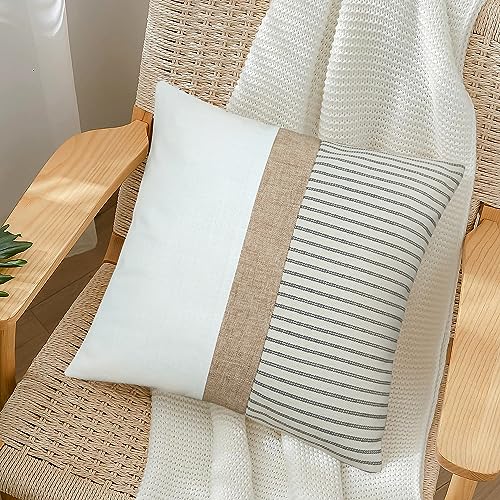 JASEN Farmhouse Pillow Covers 18x18, Modern Accent Square Throw Pillow Covers Set of 2, Grey and Beige Striped Patchwork Decorative Pillow Case for Sofa Couch Chair Bedroom - color: Grey, size: 18" x 18" (Pack of 2)
