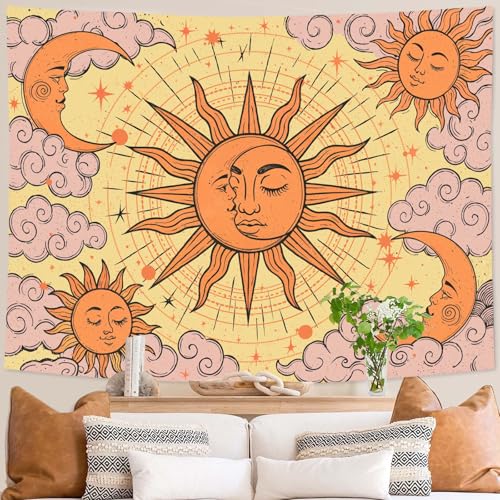 Kanuyee Sun Moon Tapestry Celestial Wall Art Tapestries Boho Hippie Room Decor Aesthetic Wall Hanging for Bedroom Dorm Living Room Mystical Cosmic Art 80x60 Inch - color: Pink Yellow, size: 80"L x 60"W