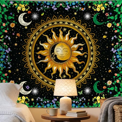 Alened Boho Mandala Nature Tapestries for Bedroom Decor,Sun and Moon Celestial Starry Night Poster,Mandala flowers tapestry wall hanging(51"×60") - color: black Tapestry, size: 60"L x 51"W