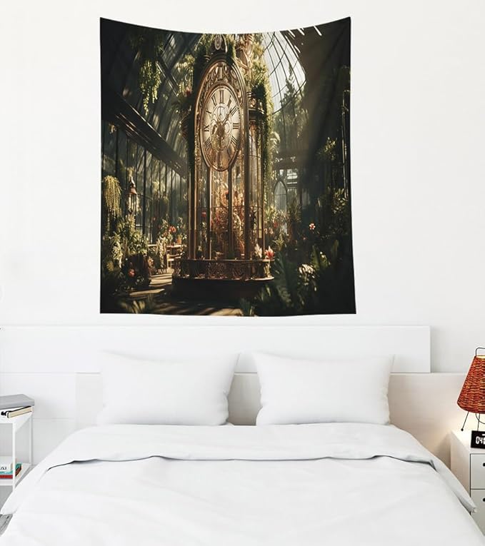 EMMTEEY Gothic Garden Vintage Tapestry 50X60 Inch - Flowers Vintage Clock Wall Art Medieval Forest Backdrop for Dorm Classroom