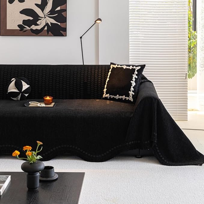 ROOMLIFE Black Couch Cover Sofa Covers, Chenille Couches Covers for 3 Cushion Sofas, Non Slip Soft Breathable Sofa Slipcovers for Pet, Washable Furniture Protector with Tassel,71''X134”