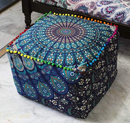CRAFT KALA Indian Square Patchwork Traditional Pouf Cover Indian Living Room Pom Poufs Cover Decorative Designer Ottoman Home Living Footstool Chair Cover Ottoman Decor 18X18X14 inches, Blue Mirchi - color: Blue Mirchi