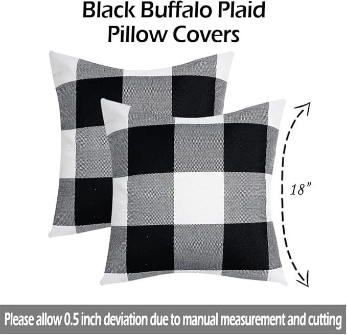 CARRIE HOME Black and White Outdoor Throw Pillow Covers 16x16 Set of 2 Black Buffalo Plaid Pillows Decorative Linen Boho Pillow Cover, Farmhouse Decor for Couch, Patio and Sofa