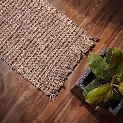 Hand Woven Chunky Jute Rug 2x3 Feet Natural, Farmhouse Accent Boho Accent Floor Throw Carpet Ideal for Bedroom, Kitchen, Living Room, Entryway | Reversible Small Neutral Fibre Patio Mat for Home Décor - size: 2'x3'