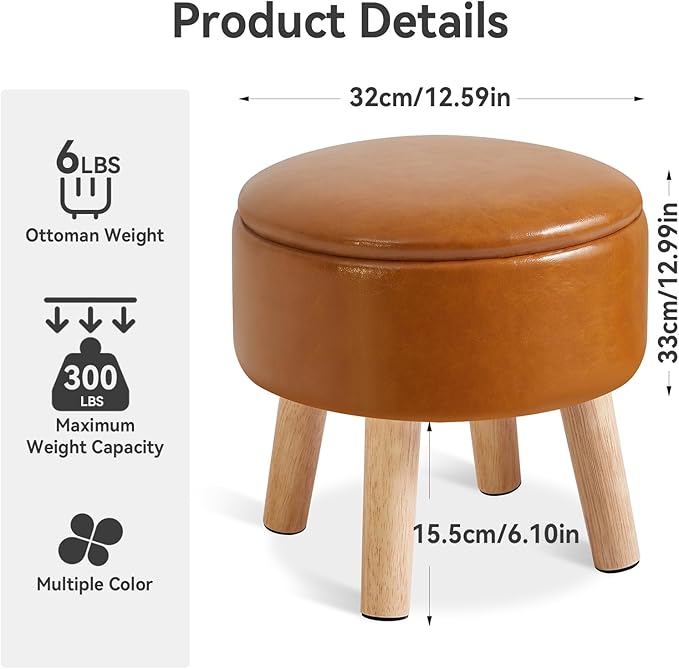 IBUYKE 13 Inch Foot Stool Ottoman with Storage, Round Small Foot Rest with Padded Seat and Wood Legs, PU Faux Leather Mini Footstool for Living Room Couch Bedroom Entryway, Yellowish-Brown WBD023J