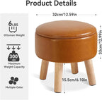 IBUYKE 13 Inch Foot Stool Ottoman with Storage, Round Small Foot Rest with Padded Seat and Wood Legs, PU Faux Leather Mini Footstool for Living Room Couch Bedroom Entryway, Yellowish-Brown WBD023J