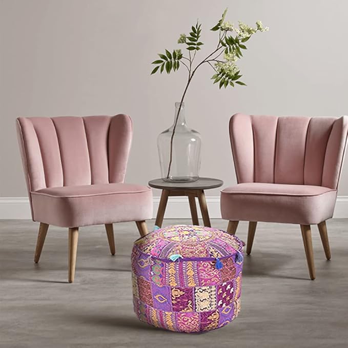 Aakriti Gallery Indian Pouf Footstool Ethnic Embroidered Pouf Cover, Indian Cotton Round Pouffe Ottoman Pouf Cover Pillow Ethnic Decor Art - Cover Only (Purple, 18x13)