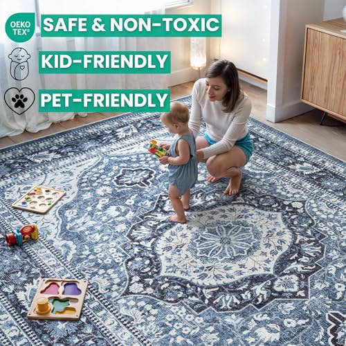 Bloom Rugs Caria Washable Non-Slip 7 ft Runner - Blue Traditional Runner for Entryway, Hallway, Bathroom, and Kitchen - Exact Size: 2'6" x 7' - color: Blue, size: 2'6" x 7' (Runner)
