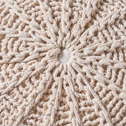 Round Boho Pouf Ottoman - Cable Knitted Cord Boho Pouffe - Stuffed Poof Accent Beanbag Footrest for Living Room - Nursery - Bedroom - Covered Patio - Study Nook (20"x20"x13") (Beige) - color: Beige