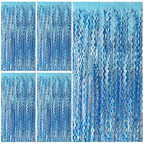 Tinsel Foil Fringe Curtains Wavy Backdrop for Parties Sparkle Metallic Wavy Foil Fringe Backdrop Curtain for Party Decorations Photo Booth Props for Birthday Graduation Wedding - color: Light Blue, size: 5 Pack