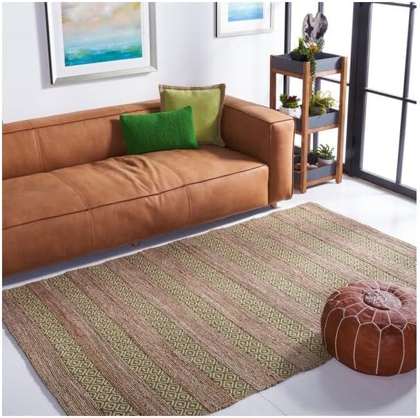 SAFAVIEH Natural Fiber Collection Accent Rug - 3' x 5', Green & Natural, Handmade Boho Farmhouse Rustic Jute & Cotton, Ideal for High Traffic Areas in Entryway, Living Room, Bedroom (NFB653Y)