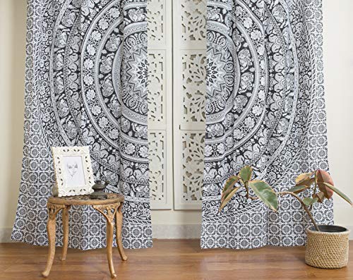 Popular Handicrafts Indian Hippie Bohemian Beautiful Elephant Mandala Curtain Panels Black and White - color: Black and White, size: 38"W x 83"L (Pack of 2)