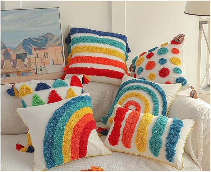 Rainbow Boho Throw Pillow Covers 18x18 Inch - Hand Tufted Cotton with Playful Tassels | Multicolor Stripes Pattern | Vibrant Nursery Kids Room Decor Sunset Rainbow Pack of 1,18" x 18" B