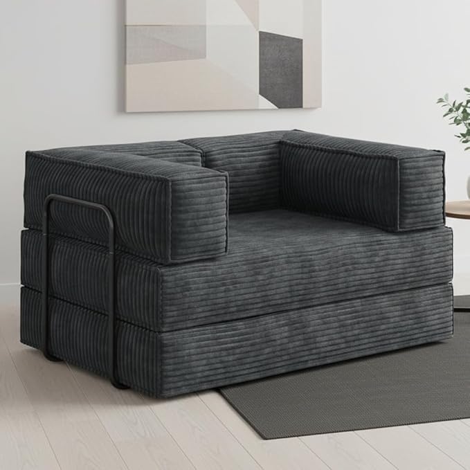 WLIVE 60'' Futon Sofa Bed, Convertible Sleeper Sofa, Folding Pull Out Couch Boneless Mattress with Fixed Frame, Corduroy, with Storage Pocket, Grey