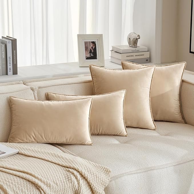 MIULEE Beige Velvet Throw Pillow Covers 18x18 Soft Decorative Solid Square Cushion Cases Pack of 2 Modern Luxury Home Decor for Couch, Sofa, Bedroom