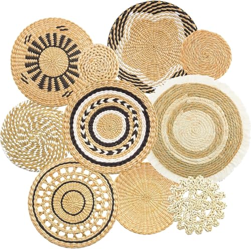 Tel Charme * 10 Pack Boho Wall Basket Decor, 15 Inch Round Rattan Handmade Hanging Decor, Woven Round Wall Art for Living Room, Rustic Flat Elegant, Farmhouse, Bedrooms, Table Settings, Kitchen, Home - color: 10 PCS