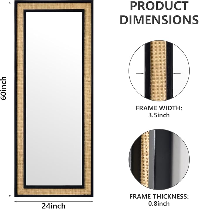 Rattan Full Length Mirror,24"x60" Long Rattan Wall Mirror,Wooden Mirror with Wicker Frame,Decorative Full Body Mirror Hanging,Farmhouse Rectangle Floor Mirror for Bathroom Living Dressing Room Black