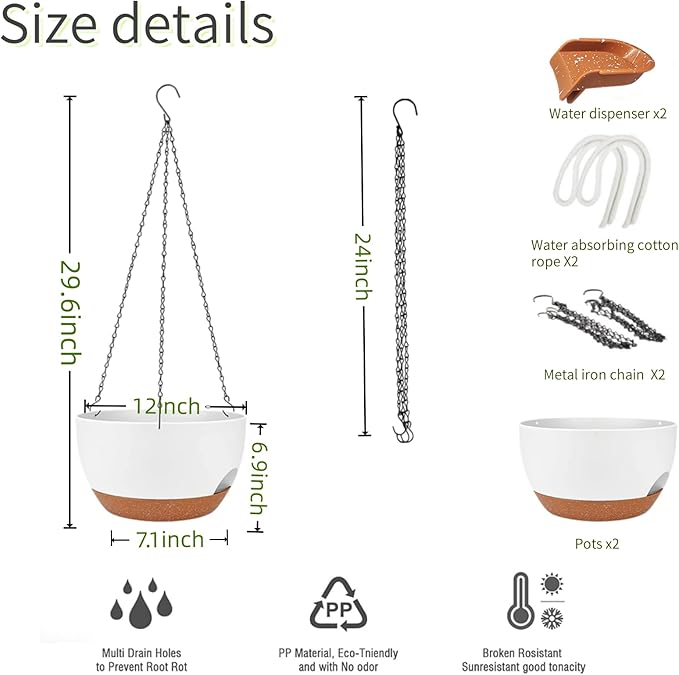 12 Inch Self Watering Hanging Planters 2 Pack, Indoor Outdoor Hanging Pots for Plants with Drainage Holes & Saucers, White Brown Plastic Hanging Baskets for Kitchen Balcony Garden