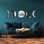 5 Pieces Scandinavian Natural Decor Acrylic Wall Decorative Interior Design Wooden Moon Phase Mirror Bohemian Wall Decoration for Home Living Room Bedroom - Not Real Mirror(Black)