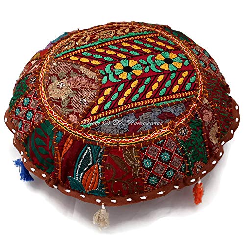 Round Bohemian Floor Pillow Boho Dark Brown 18 Inch Patchwork Yoga Ottoman Stool Home Decor Embroidered Vintage Cotton Indian Floor Cushion Adult 45 cm
