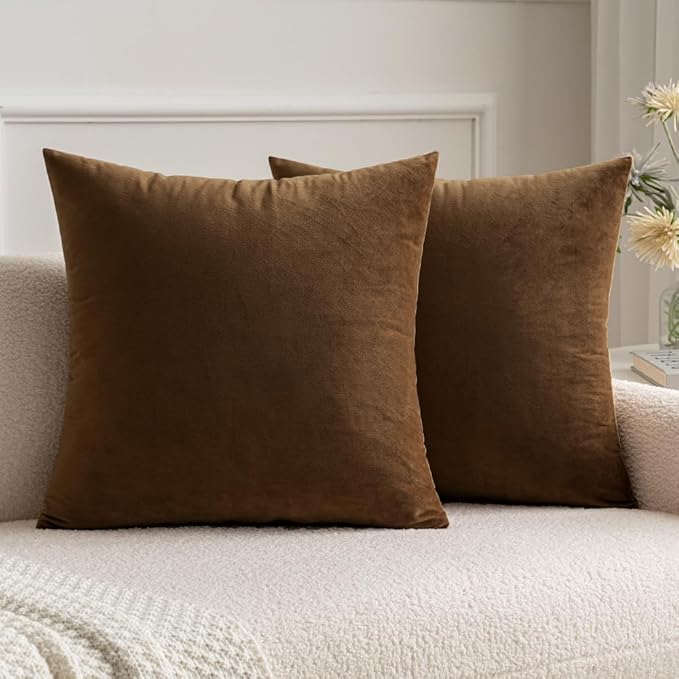 MIULEE Velvet Throw Pillow Covers 16x16 Inch, Pack of 2 - Chocolate, Super Soft Decorative Square Cushion Cases Modern Luxury Home Decor for Sofa,Couch,Bed,Chair