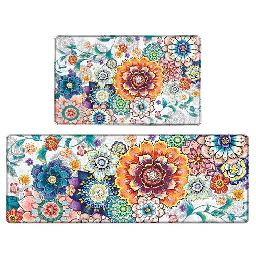 Floral Kitchen Rugs Mats for Floor 2 Piece Flowers Anti Fatigue Kitchen Mats Non Slip Cushioned Comfort Standing Mat for Sink, Office, Laundry, 17.3x28+17.3x47 Inch - color: Boho Floral-2pcs, size: 17.3"x28"+17.3"x47"-0.40Th[2PCS]