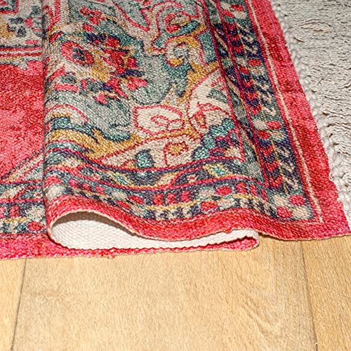 Mandala Life ART - 4' x 6' Moroccan Vintage Red Pink Vintage Rug with Fringes - Digital Print Cotton Tapestry - Bohemian Carpet - Decorative Accent Piece for You Living Room, Bedroom