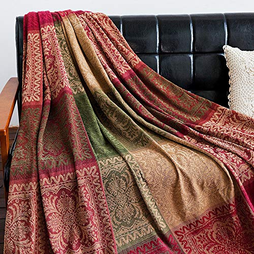 AIVIA Boho Sofa Couch Throw Blanket Slipcover, Bed Recliner Chair Throws Sofa Cover Colorful Chenille Woven Bohemian Decor - Large Oversized 87" x 103" Green Wine Red - color: Red Green Beige, size: 87" x 103"