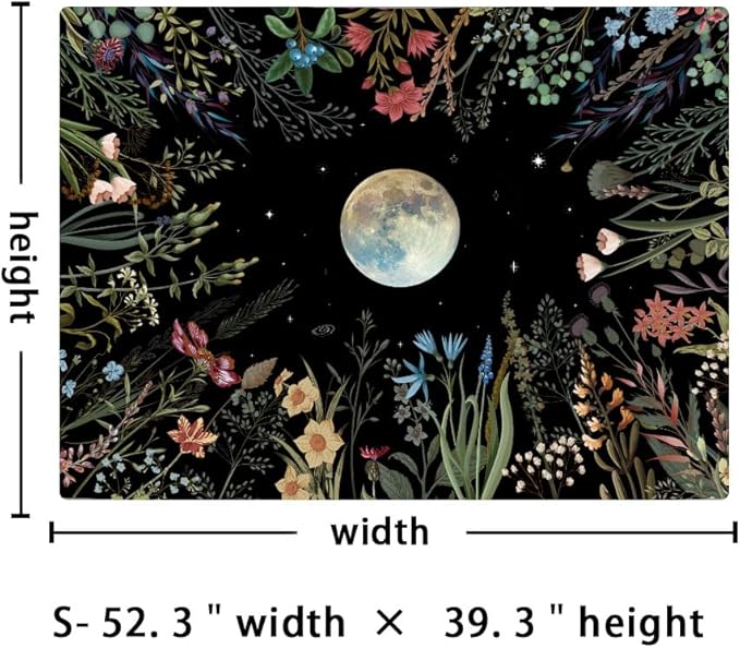 Amhokhui Moonlit Garden Tapestry Boho Moon Tapestry Floral Flower Tapestries Colorful Plants Tapestries Black Wall Hanging Decor for Home