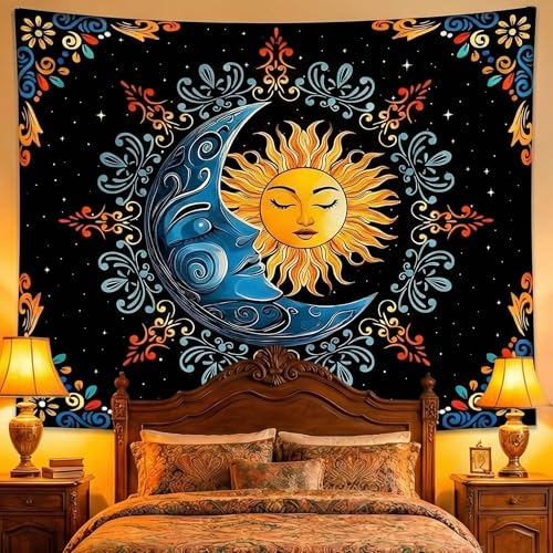 Alened Boho Hippie Sun and Moon Tapestry for Bedroom Aesthetic, Black Vintage Celestial Starry Sky Tapestries, Dark Floral Moon and Stars Wall Hanging Decor for Dorm Living Room (51'' x 60'') - color: sun and moon, size: 60"L x 51"W