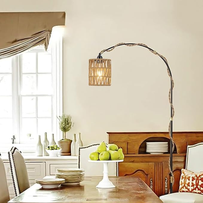 2X Boho Plug in Pendant Light, Hanging Light with Plug in Cord Ceiling Lamp Rattan Cylinder Lamp Shade On-Off Switch Hanging Plant Shelf Shelves Bohemian Decor for Bedroom Living Room Corner