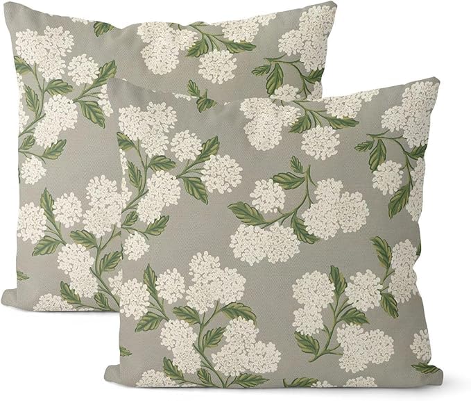 Grey Spring Pillow Covers 16x16 Inch 2 Pcs Gray Green Hydrangea Flower Decor Throw Pillows Vintage Floral Seasonal Summer Outdoor Decoration Pillowcase Linen Cushion Cover for Couch Sofa - color: Grey Hydrangea, size: 16" x 16" (Pack of 2)