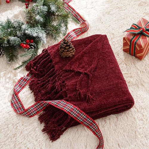 BATTILO HOME Burgundy Chenille Throw Blanket, Decorative Red Knit Throw with Fringe, Lightweight for Christmas Decor, 50"x60" - color: Burgundy