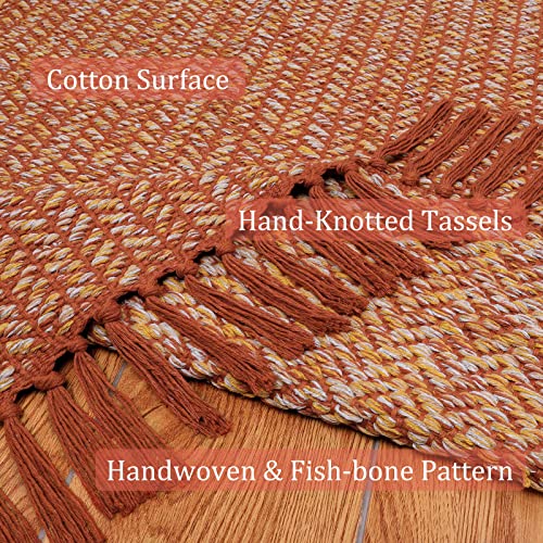Lahome Belle Boho Fall Kitchen Rug, 2x3 Bathroom Rug Lightweight Indoor Door Mats for Entryway Small Cotton Area Rug with Tassels, Farmhouse Washable Throw Rugs Low Pile Carpet for Bedroom - color: Rust/Multi, size: 2' x 3' (Rectangular)