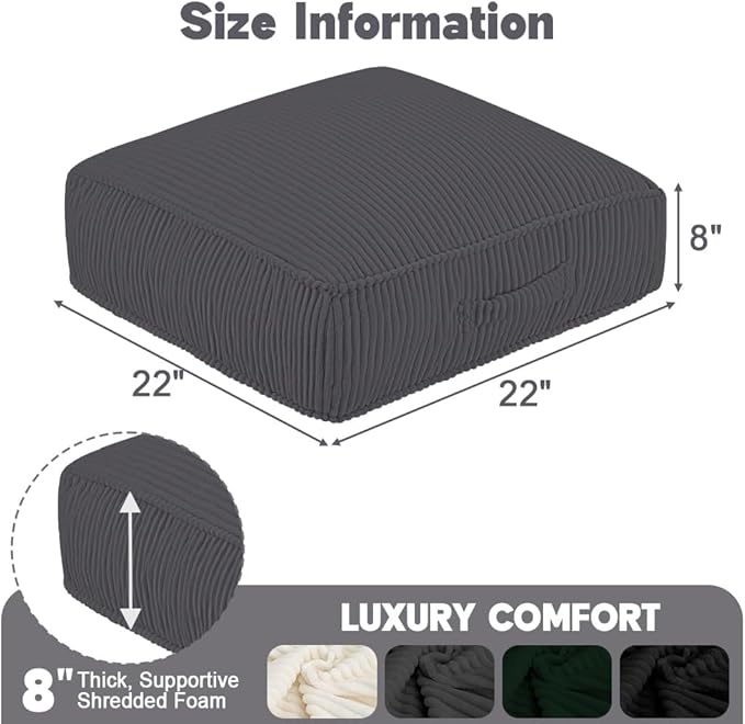 Floor Pillow for Adults Set of 2, 8" Square Floor Cushions with Washable Cover, Large Corduroy Meditation Pillow, 22 inches Tatami Seat with Handle for Living Room or Yoga, Dark Grey