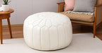 Stuffed Round Design Moroccan Leather Pouf Ottoman, Handmade, Pre-Filled, 100% Genuine Leather, 13” Height x 20” Diameter, Footstool & Living Room Décor (White)