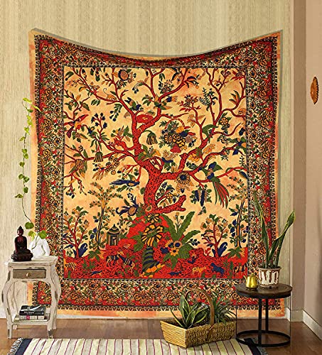Orange Tree of Life Mandala Cotton Curtain Wall Hanging Mandala Window Door Curtains Wall Panels Hippie Boho Decor Tapestry Window Treatments Balcony Room Door Curtain - color: Orange Red, size: 52"W x 82"L (Pack of 1)