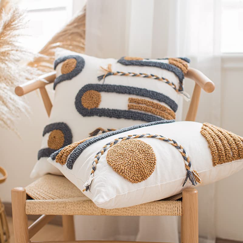 Boho Tufted Throw Pillow Covers Braided Pillow Covers Farmhouse Pillow Covers with Embroidered Geometric Pattern Decorative for Couch Bed Living Room Outdoor (18"x18"Tufted-A)