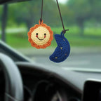 Car Rearview Mirror Hanging Ornament, Crochet Flower Basket Plant Accessory, Handmade Knitted Boho Car Ornament for Women (Sun and Moon)