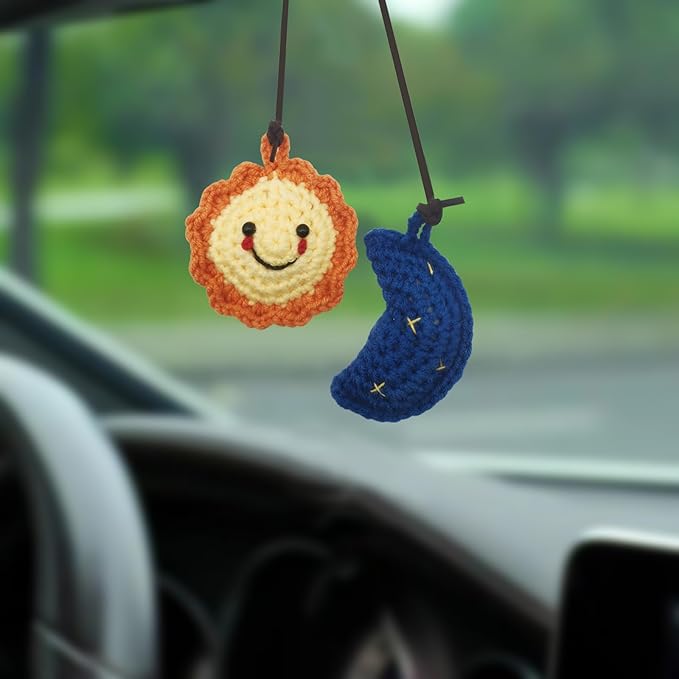 Car Rearview Mirror Hanging Ornament, Crochet Flower Basket Plant Accessory, Handmade Knitted Boho Car Ornament for Women (Sun and Moon)
