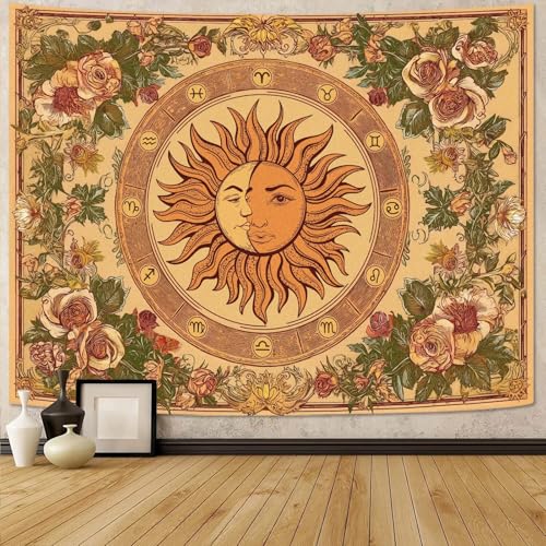 Gruaoihy Yellow Vintage Sun and Moon Tapestry, Boho Indie Aesthetic Constellation Wall Art with Floral Sunflowers for Bedroom Living Room Decor, Orange 60x80 inches - color: Vintage Sun and Moon, size: 80"L x 60"W