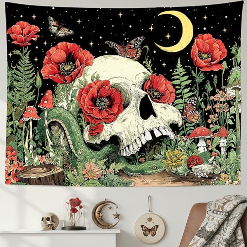 Accnicc Floral Skull Tapestry Vintage Flower Gothic Skeleton Tapestries Wall Hanging Mushroom Butterfly Plant Snake Horror Small Tapestry for Bedroom Living Room Dorm 48 x 36 inch - color: Red Green, size: 48"L x 36"W