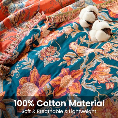 Boho Throw Blanket 60"x80" 100% Cotton Twin Bird Blanket, Breathable Lightweight Spring Decorative Reversible Blankets with Fringe for Couch Vintage Decor - color: Dark Teal, size: 60''x80''