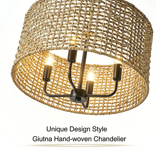 Rattan Wicker Drum Chandeliers for Dining Room, 4-Light Bohemian Hand-Woven Farmhouse Drum Pendant Chandelier Light Fixture for Entryway Living Room Kitchen Stairway Bedroom Hallway - color: Black 4-Light Drum